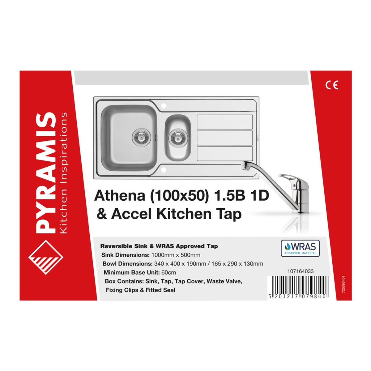 Pyramis Athena stainless steel 1.5 bowl sink with tap, view 2