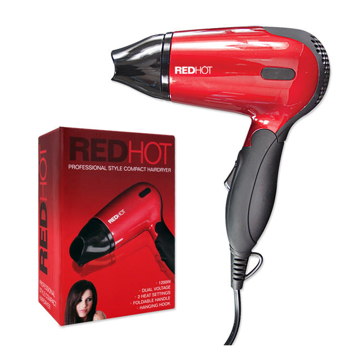 Redhot compact red 1200W hair dryer with foldable handle