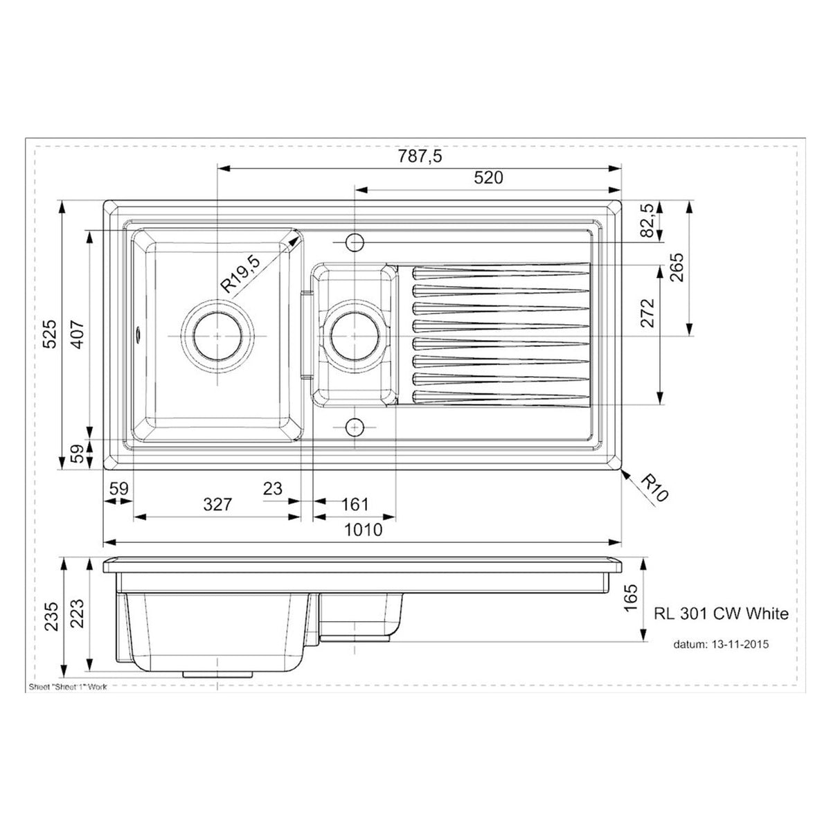Reginox white ceramic reversible 1.5 bowl kitchen sink, view 3