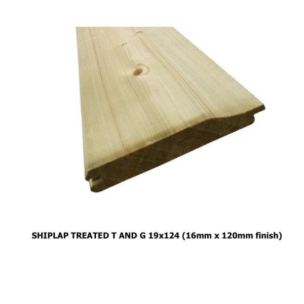 Pack of five green treated shiplap boards, 19 x 125mm x 2.4m