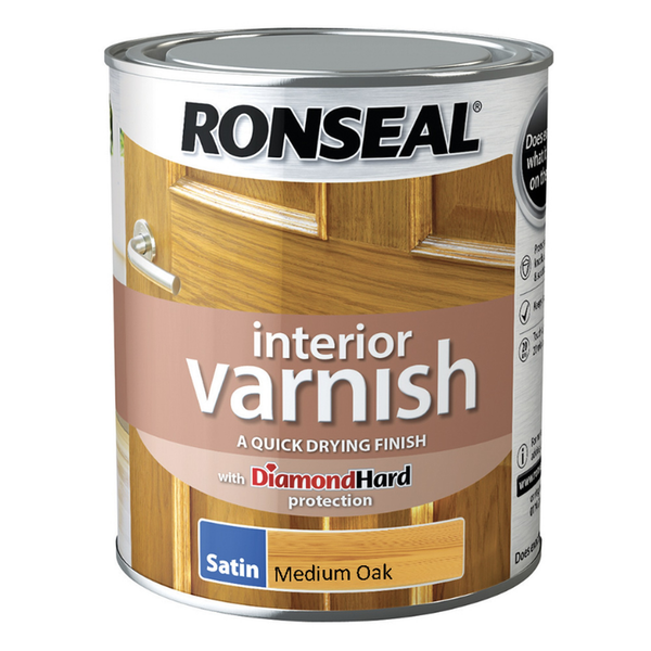 Ronseal Interior Varnish Satin 750ml tin in Medium Oak