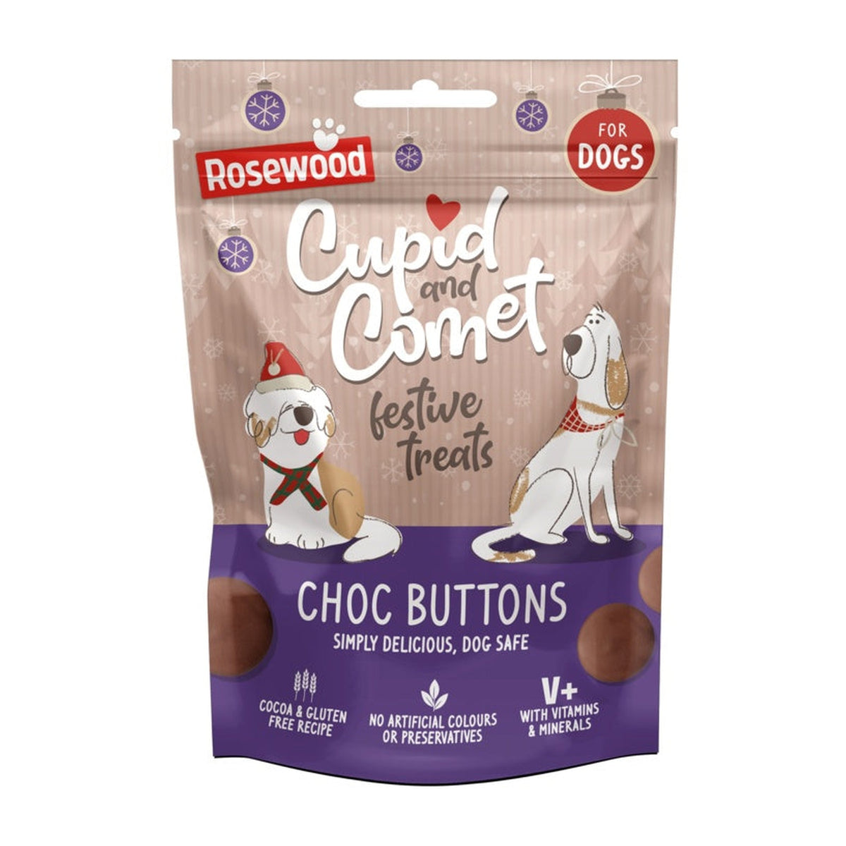 Rosewood Cupid and Comet choc buttons dog treats 150g bag