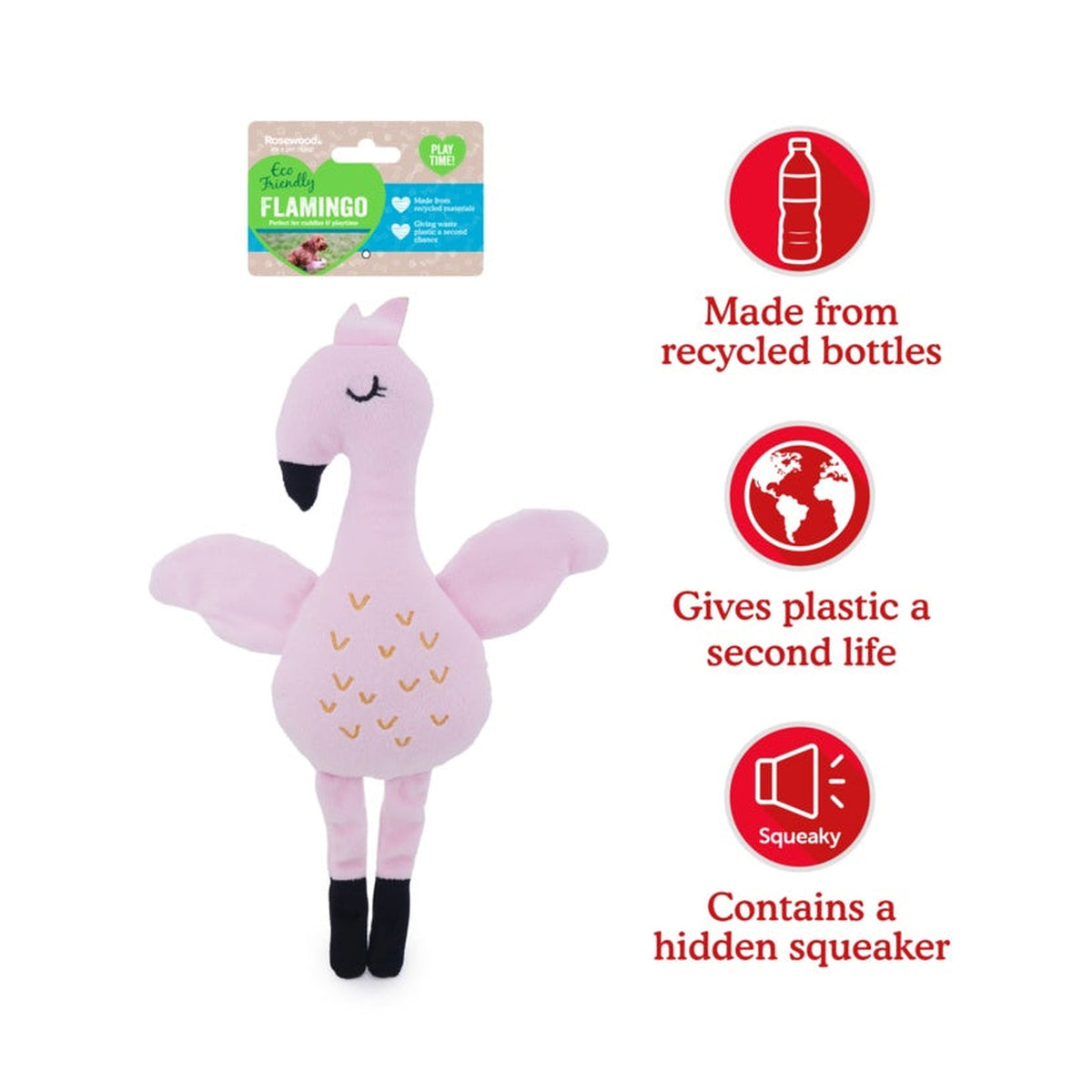 Rosewood eco friendly flamingo squeaky dog toy, view 2