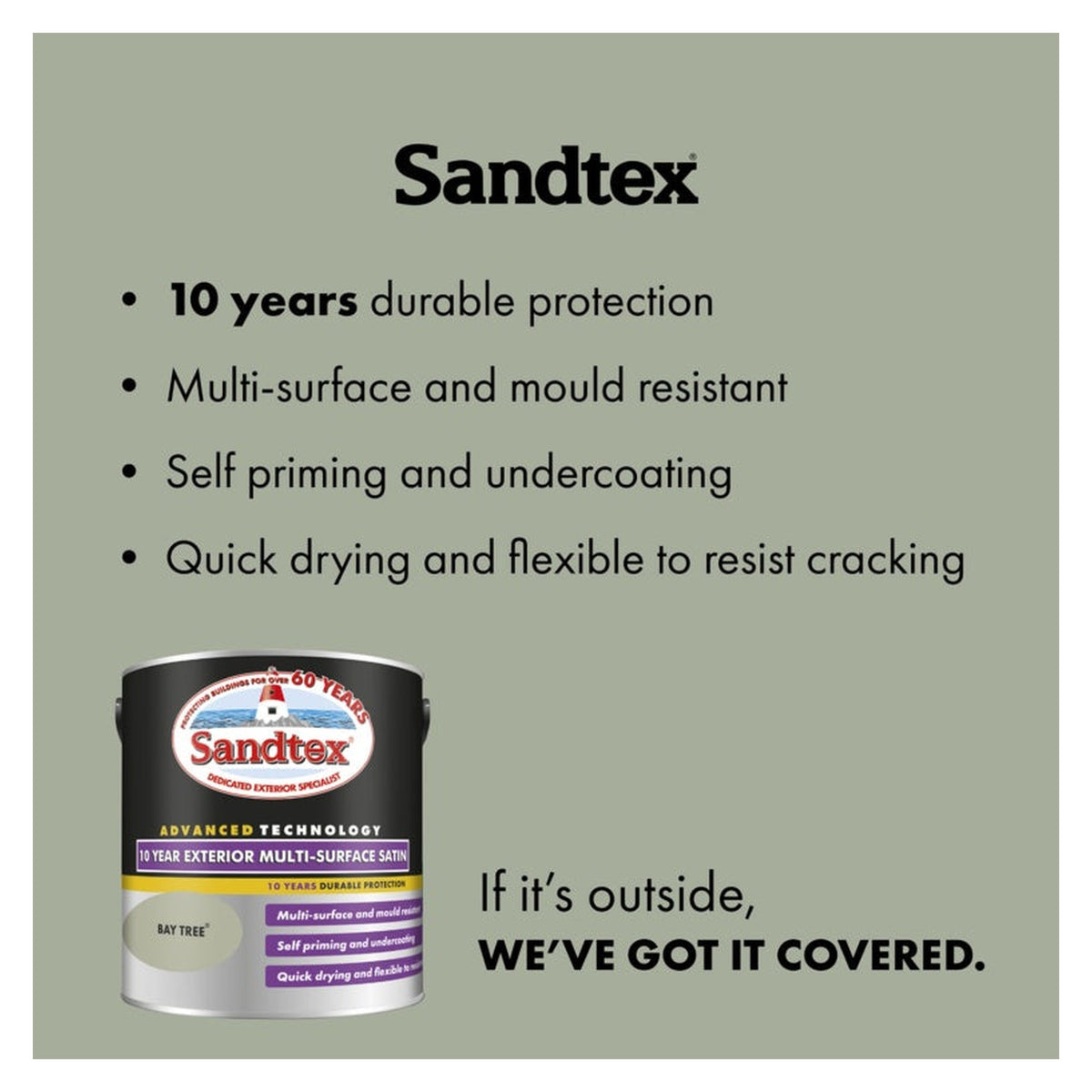 Sandtex 10 Year Exterior Multi Surface Satin Bay Tree 2.5L tin, view 2