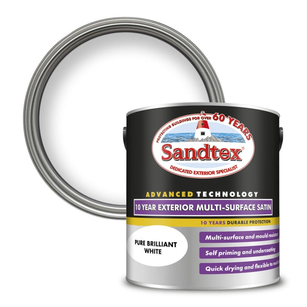 Sandtex 10 Year Exterior Multi Surface Satin Brilliant White 2.5L tin