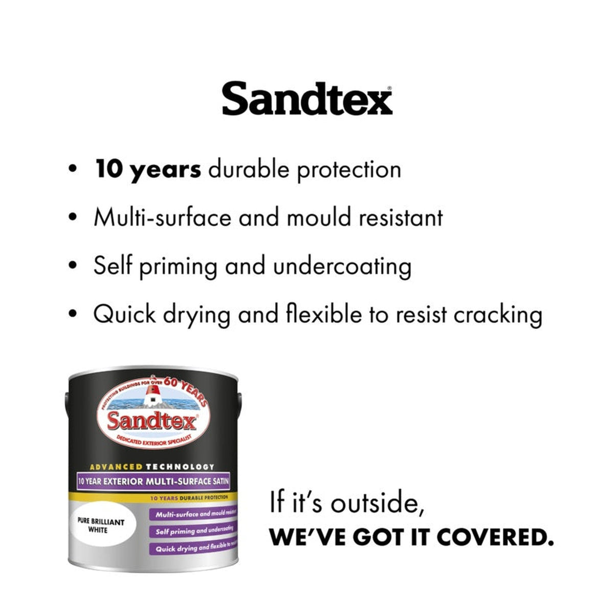 Sandtex 10 Year Exterior Multi Surface Satin Brilliant White 2.5L tin, view 5