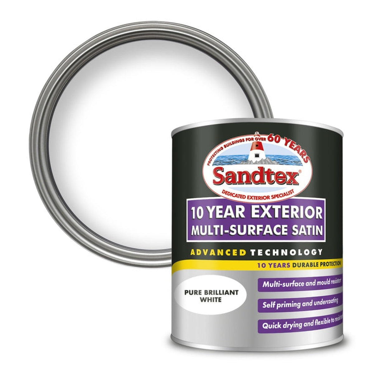 Sandtex 10 Year Exterior Multi Surface Satin Brilliant White 750ml tin