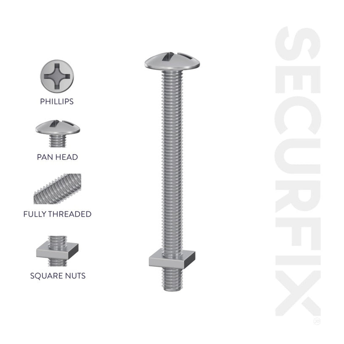 Pack of 100 Securfix M6 x 25mm roofing bolts with nuts