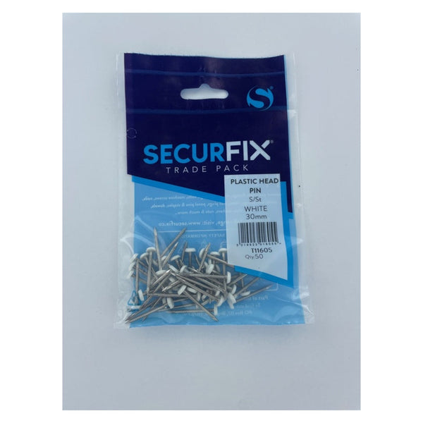 Pack of 50 Securfix stainless steel white headed pins 30mm