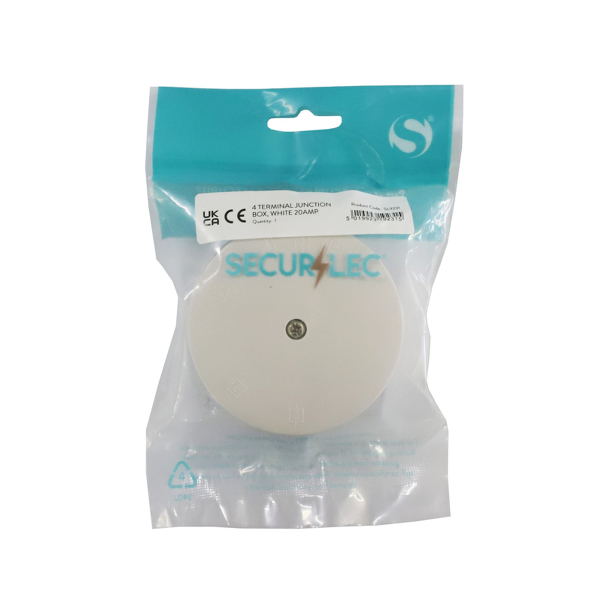 Securlec white 4 terminal 20A junction box, view 2