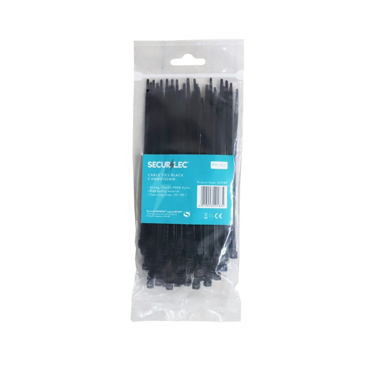 Pack of 100 Securlec black cable ties, 3.6 x 140mm
