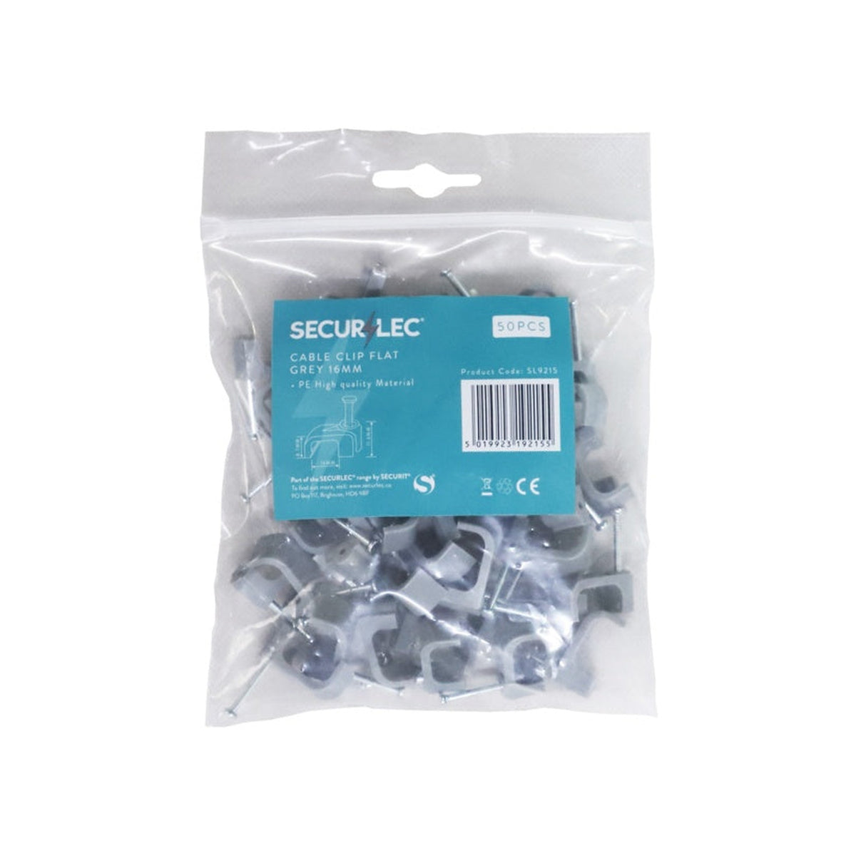 Pack of 50 Securlec flat grey 16mm cable clips