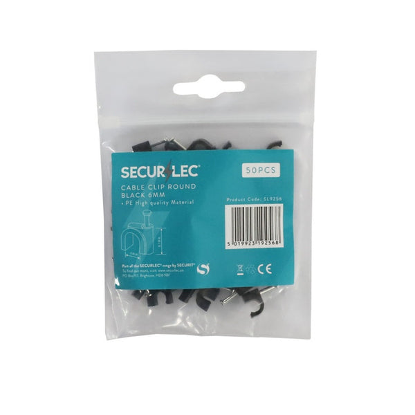 Pack of 50 Securlec round black 6mm cable clips