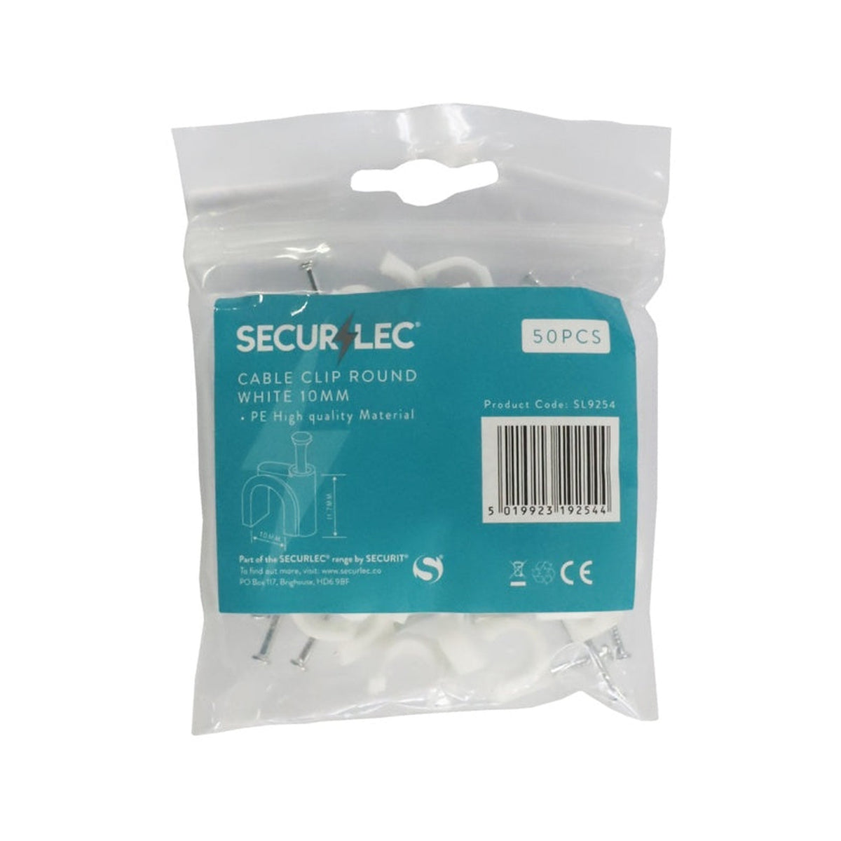 Securlec 10mm white round cable clips, pack of 50