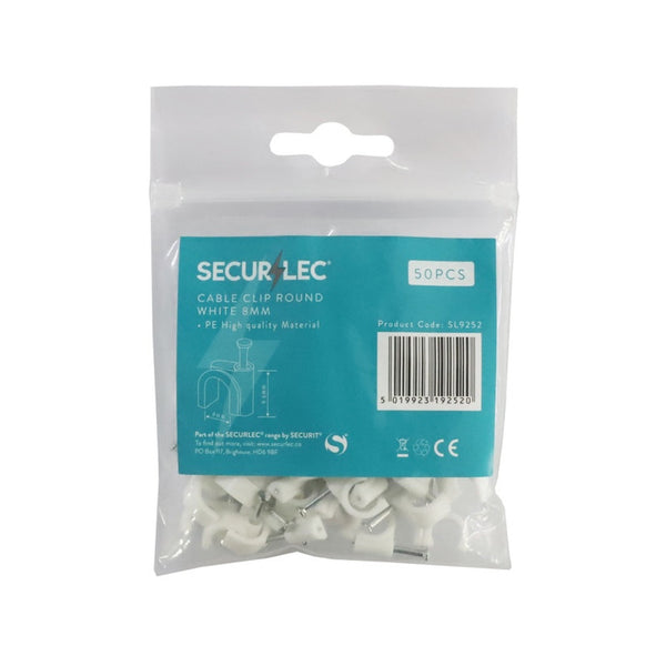 Securlec 8mm white round cable clips, 50 pieces