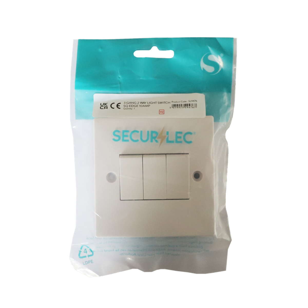 Securlec square edge 3 gang 2 way light switch, view 2