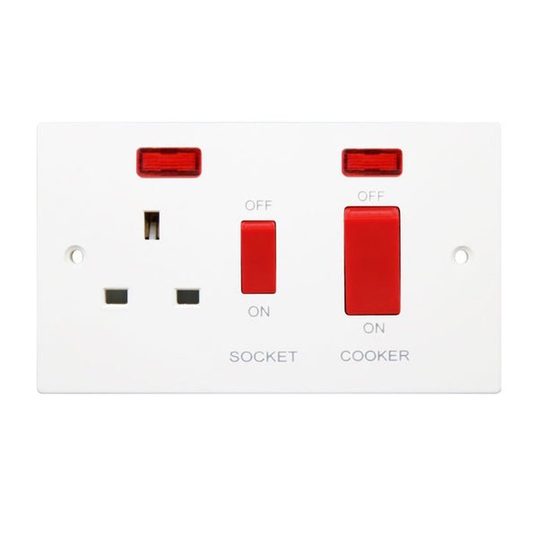 Securlec square edge 45A cooker switch with 13A socket