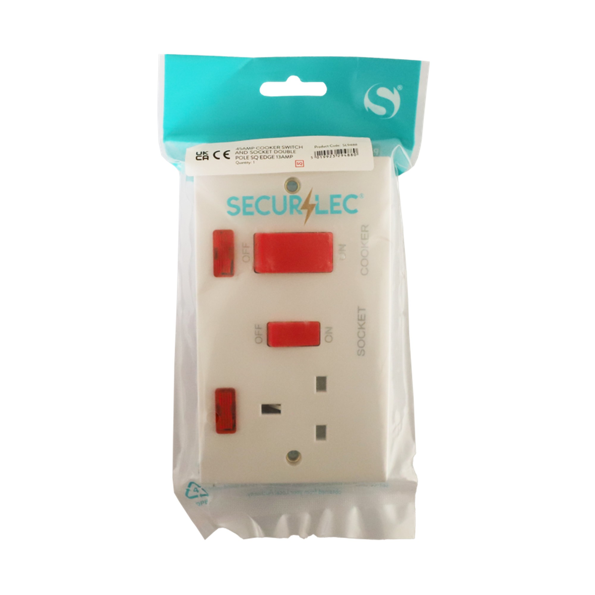 Securlec square edge 45A cooker switch with 13A socket, view 2