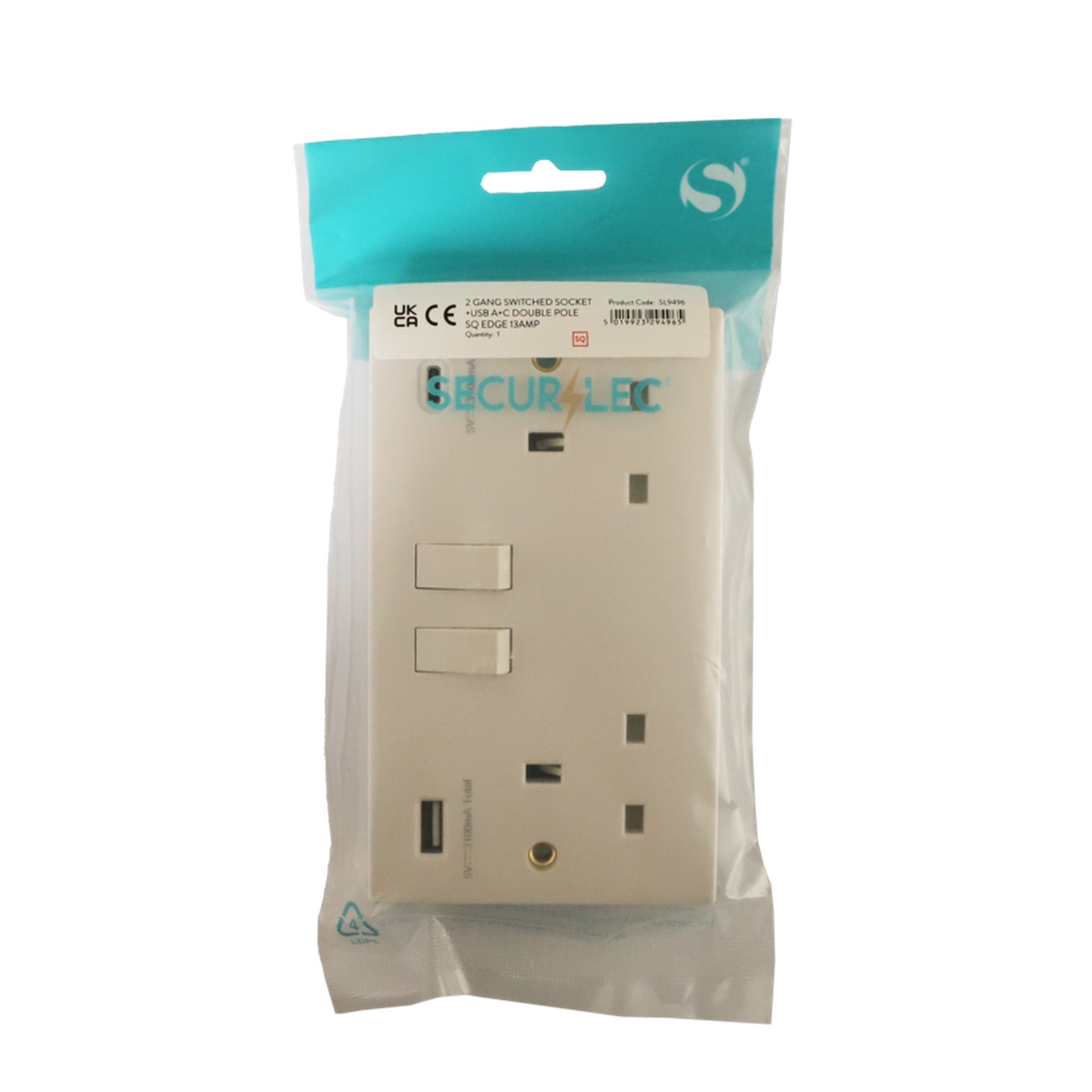 Securlec switched socket with USB A and C, view 2