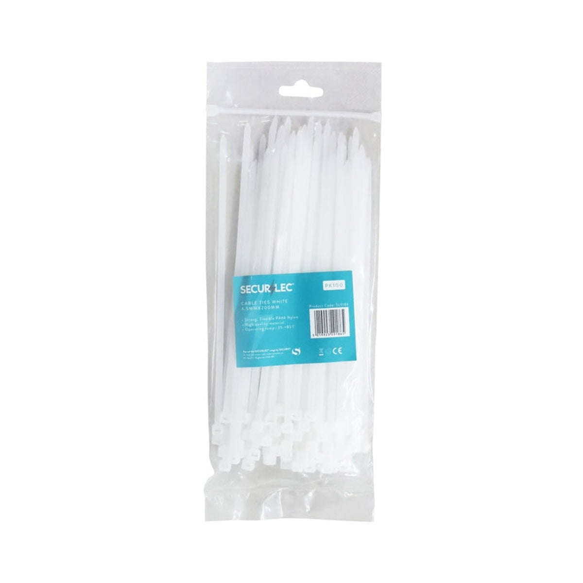Pack of 100 Securlec white nylon cable ties 4.5 x 200mm
