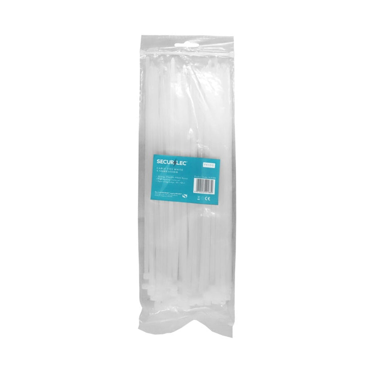 Pack of 100 Securlec white nylon cable ties 4.5 x 300mm