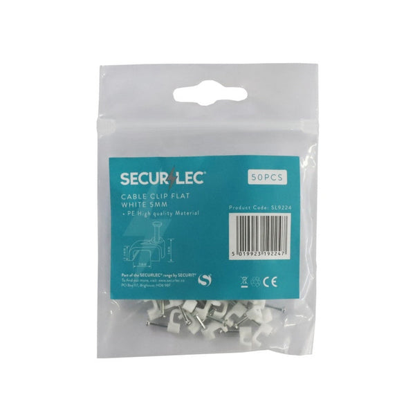 Pack of 50 Securlec white flat 5mm cable clips