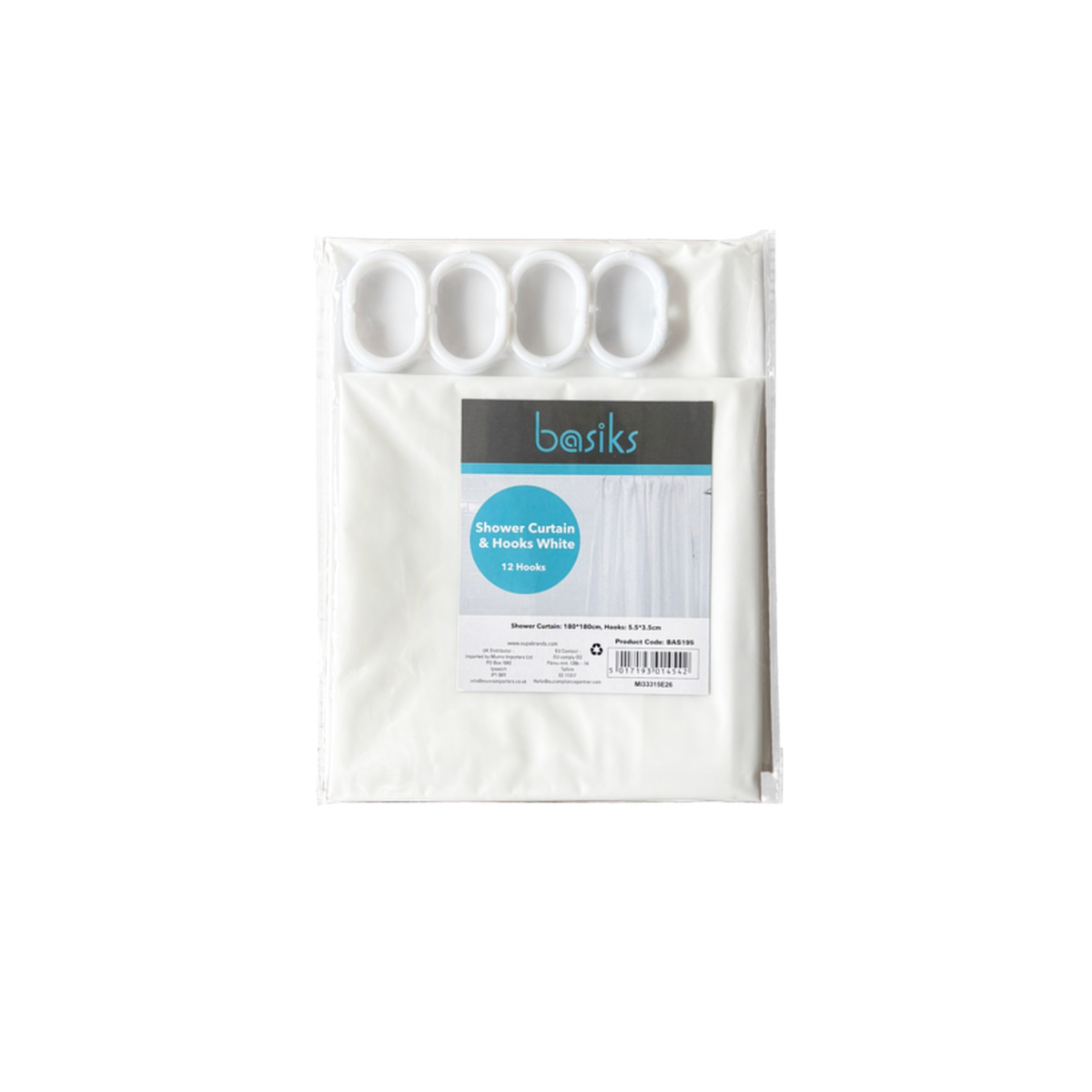 Shower Curtain & Hooks - White