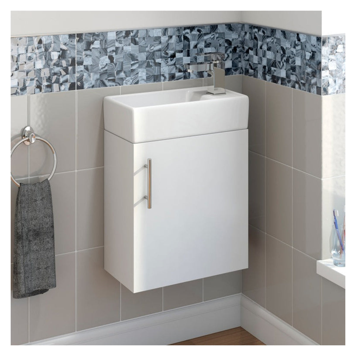 SP Rydal wall hung mini cabinet and basin in white 410mm