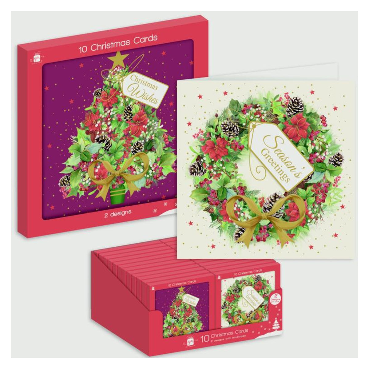 Square Tree Wreath Christmas Cards - Pack 10