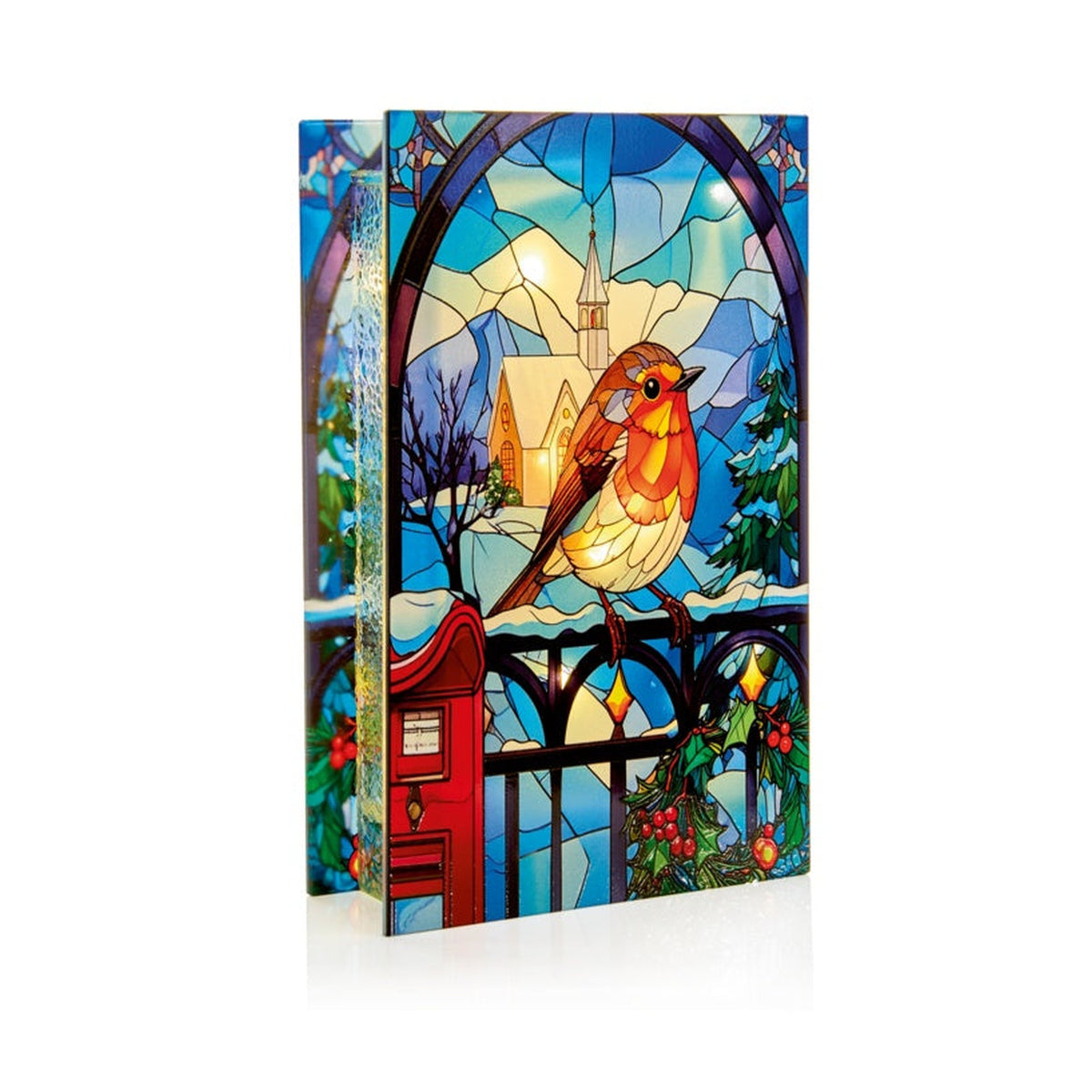 Stained Glass Lit Decoration 21 x 13cm - Robin On Gate, view 3