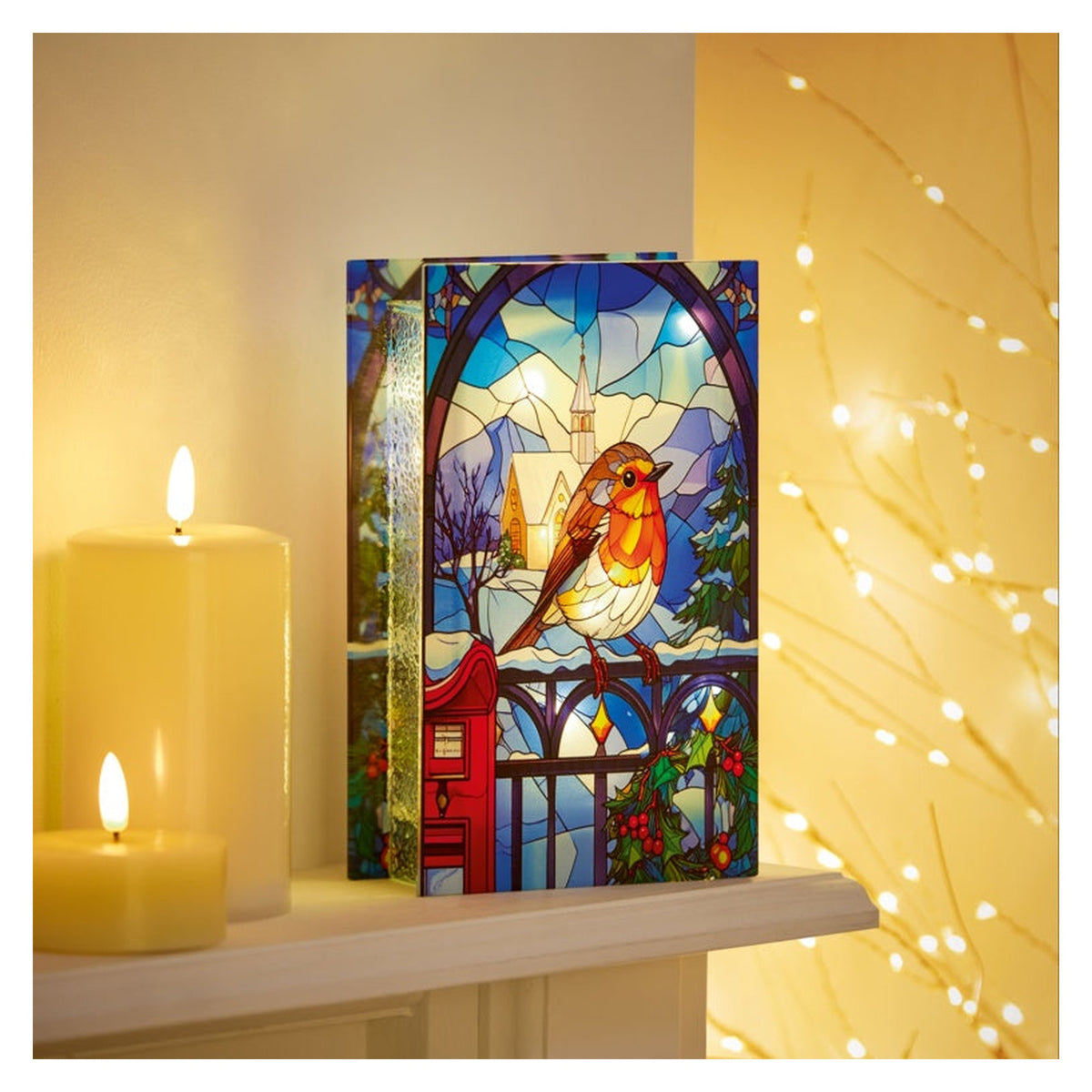 Stained Glass Lit Decoration 21 x 13cm - Robin On Gate, view 4
