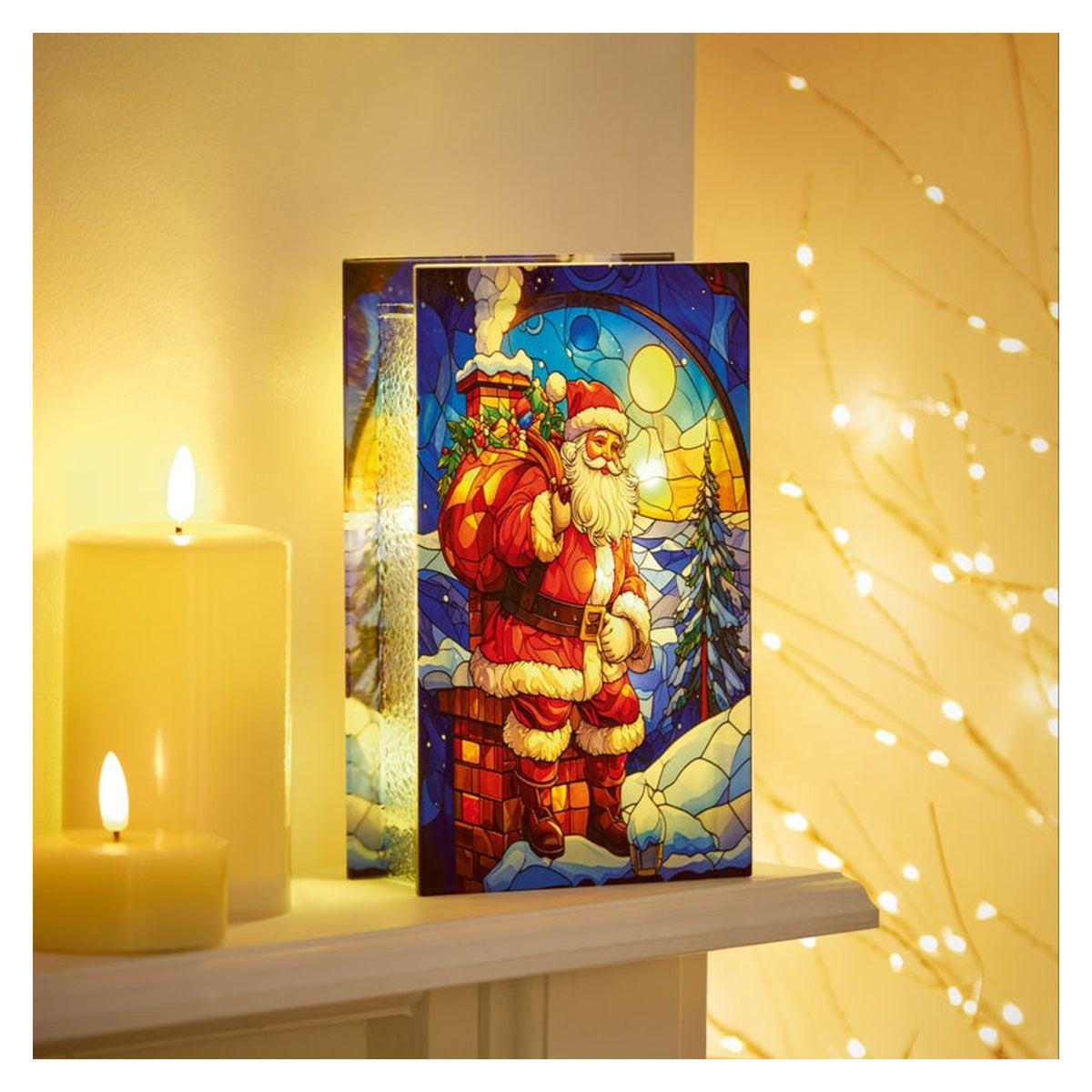 Stained Glass Lit Decoration 21 x 13cm - Santa On Chimney Stack, view 2