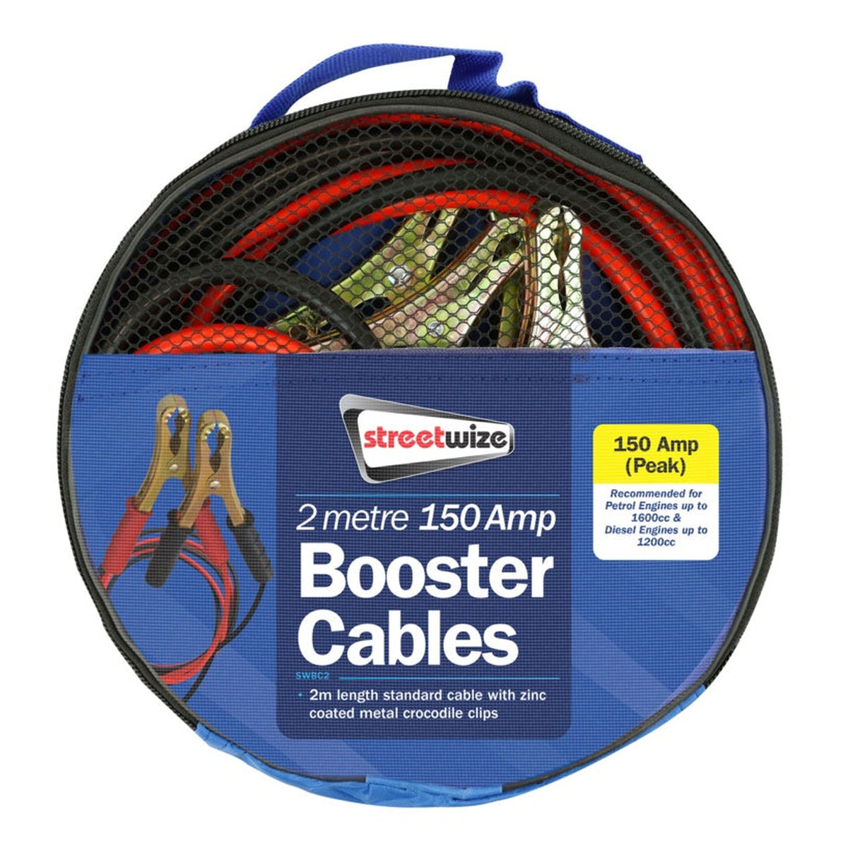 Streetwize 2m 150 amp booster cables with crocodile clips