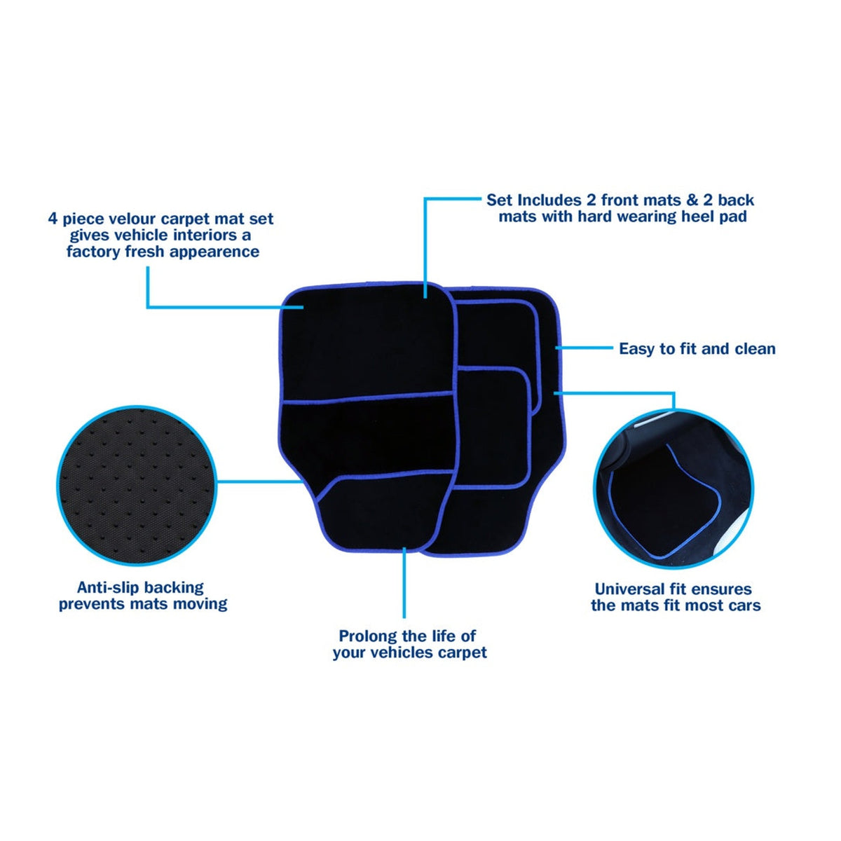 Streetwize velour car mat set black and blue, view 4