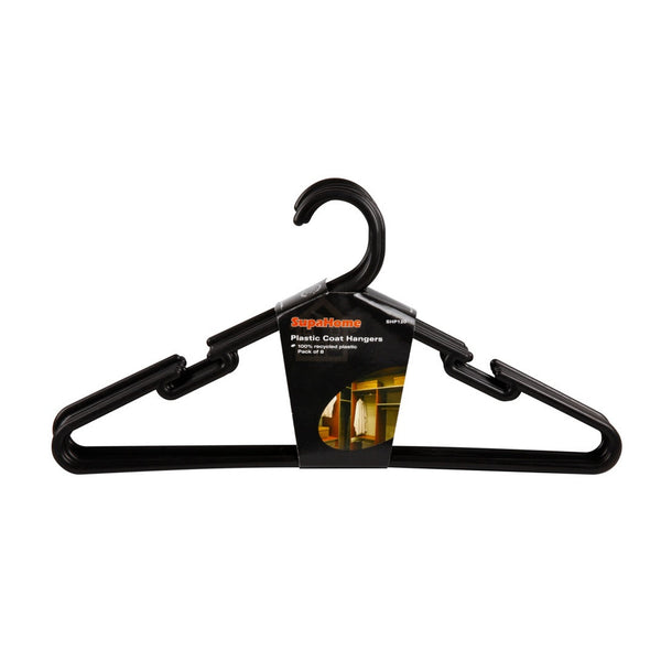 Pack of 8 SupaHome black plastic coat hangers with trouser rail