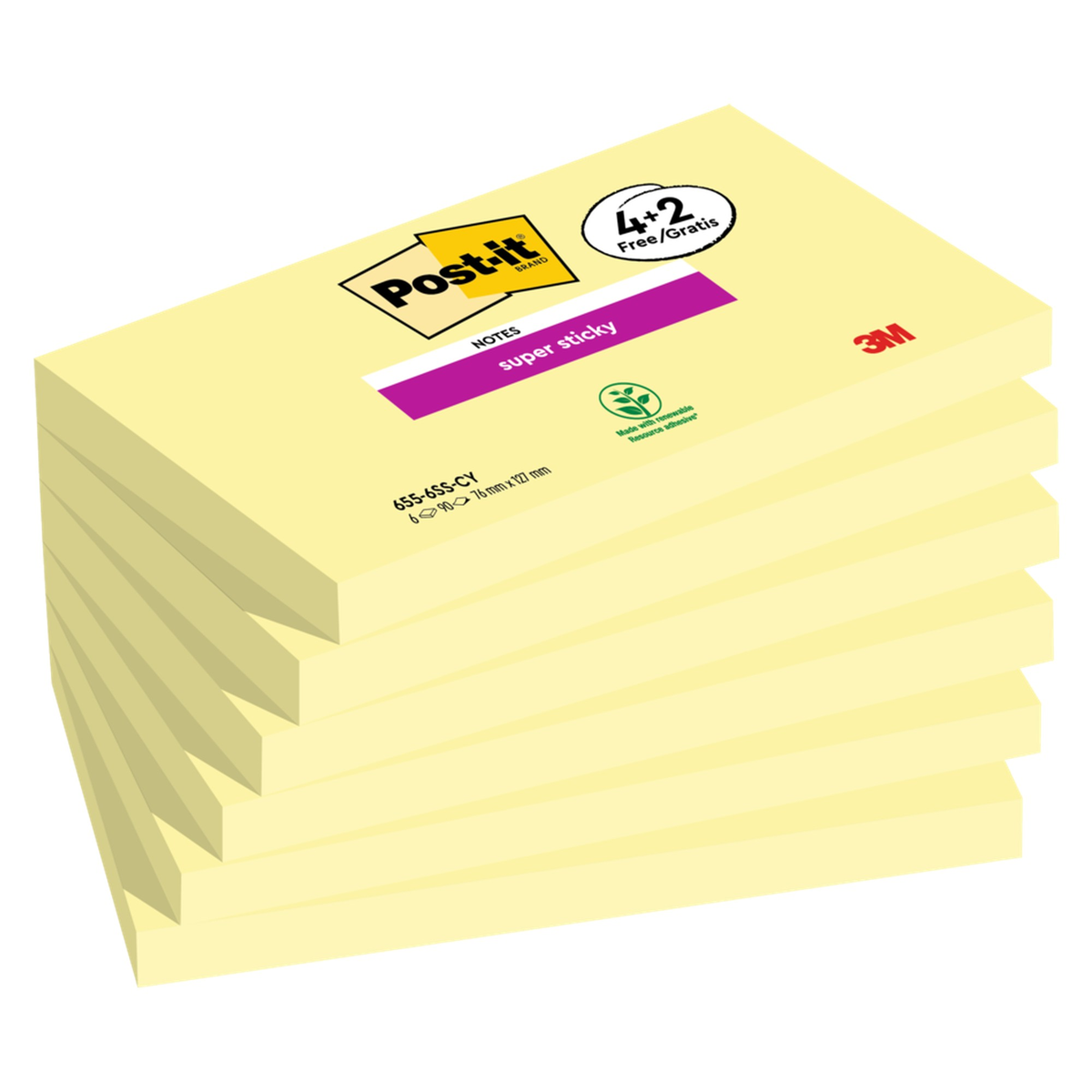 Super Sticky Yellow Notes 76 mm x 127 mm 90 Sheets - 4 Pads Plus 2 Free, view 2