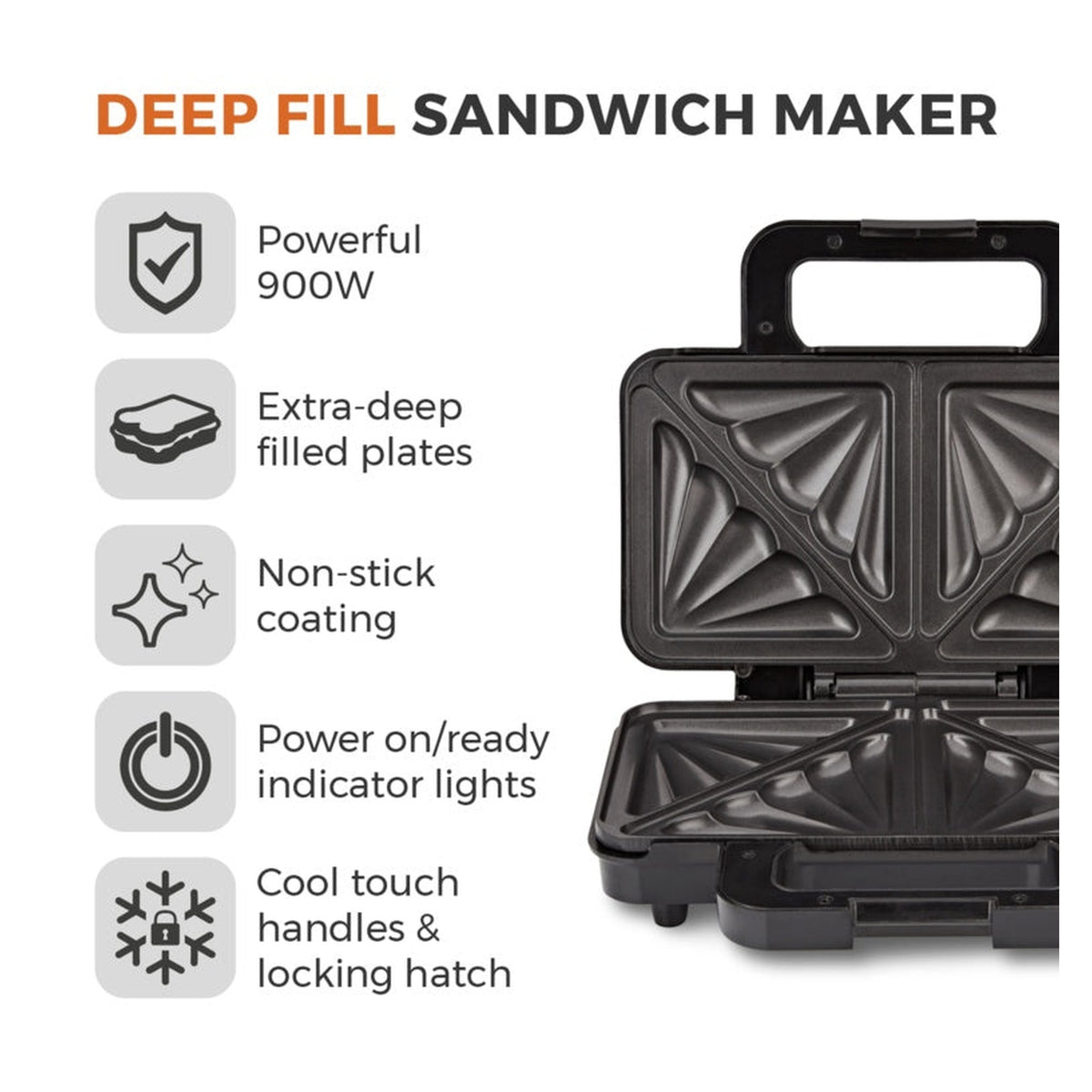 Tower 900W deep fill sandwich maker, view 3