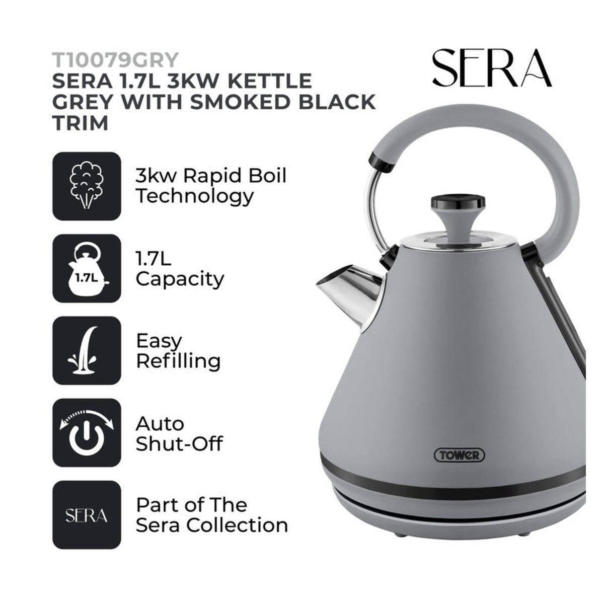 Tower Sera grey 1.7L 3kW kettle, view 2
