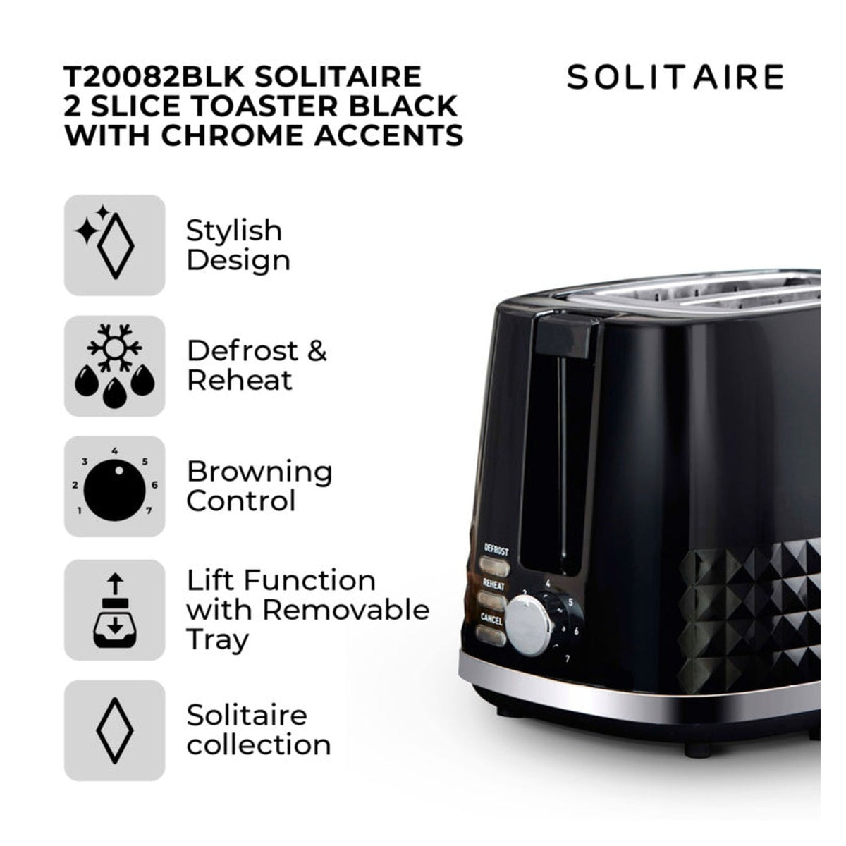 Tower Solitaire black 2 slice toaster, view 2