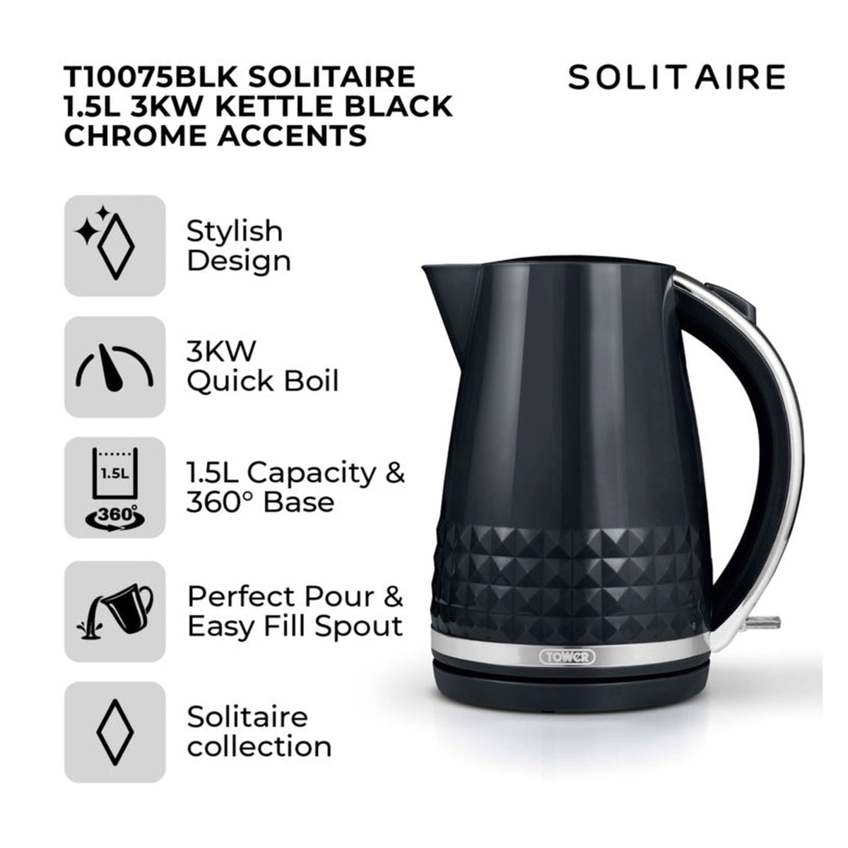Tower Solitaire black 1.5L 3kW kettle, view 2