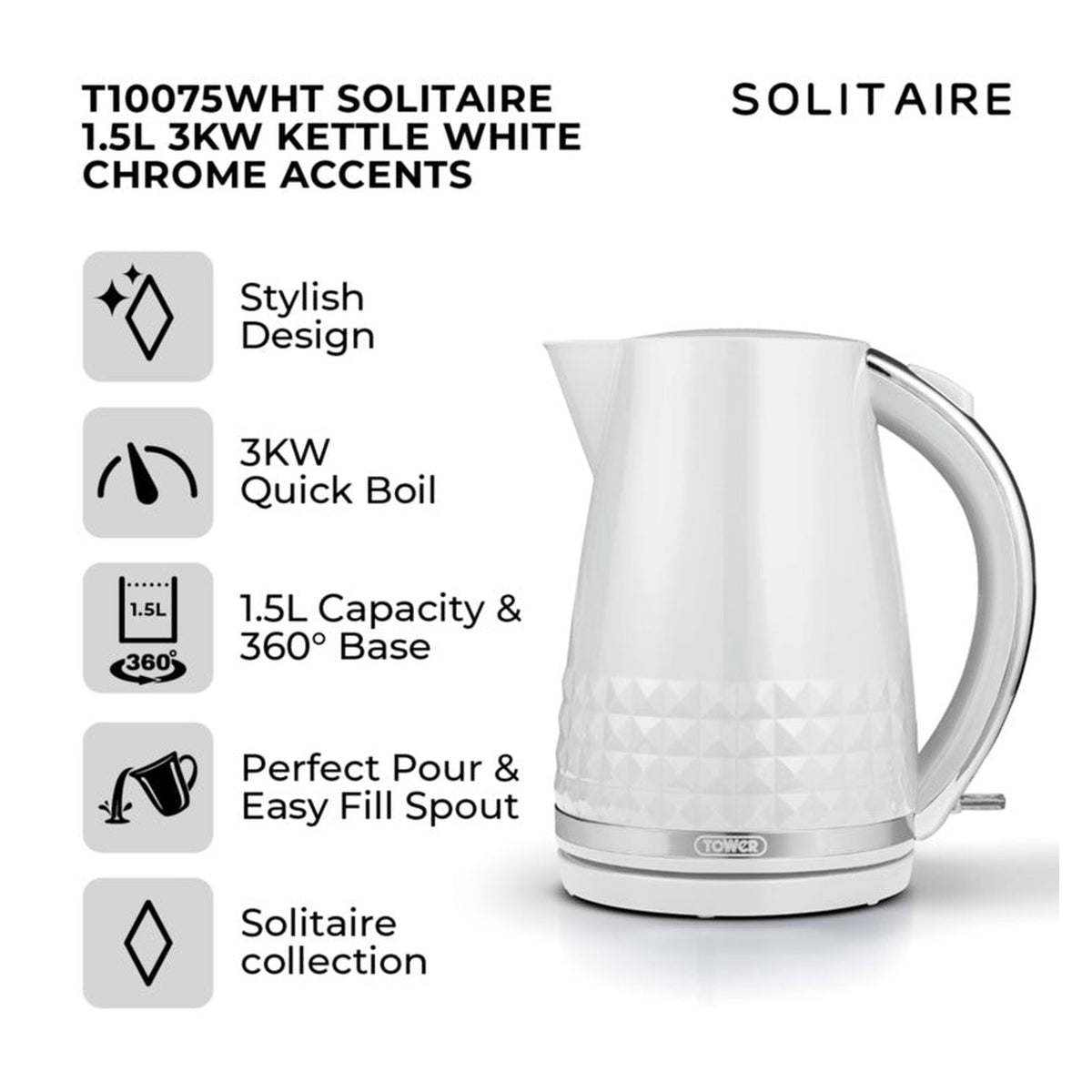 Tower Solitaire white 3kW 1.5L kettle, view 2