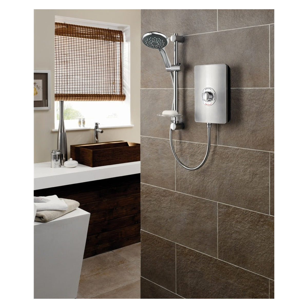 Triton Collection II 9.5kW electric shower in brushed steel with riser rail and shower head, view 2