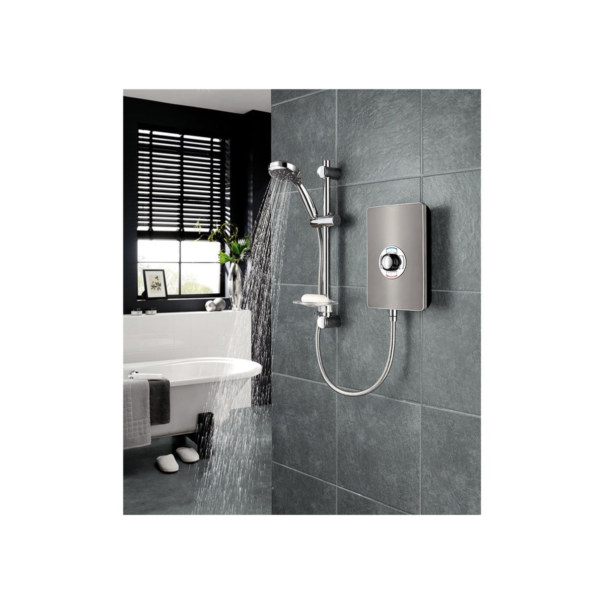 Triton Collection II 9.5kW electric shower in gun metal with riser rail and shower head