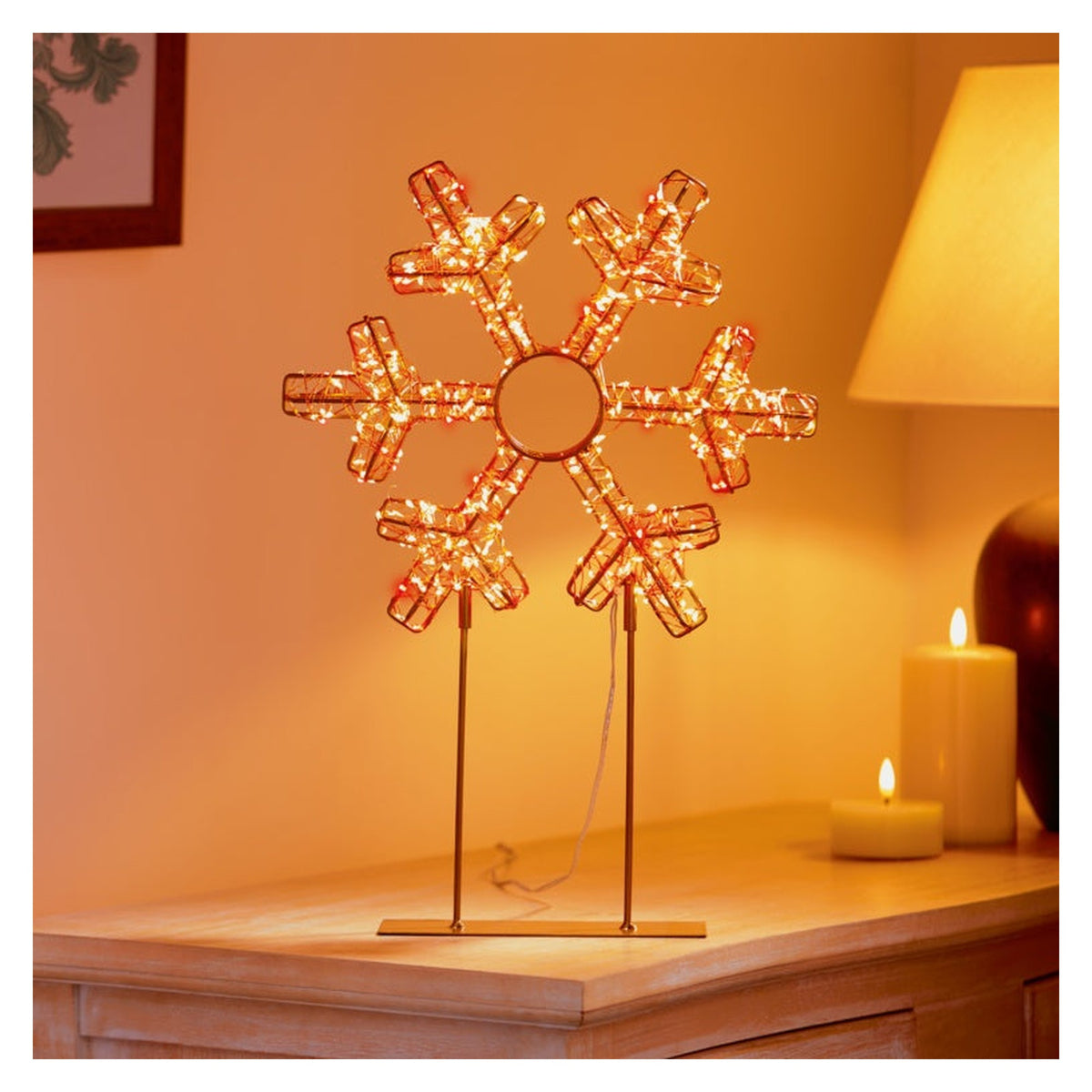 Twinkling Lit Gold Table Top Snowflake - 45cm Red & Warm White