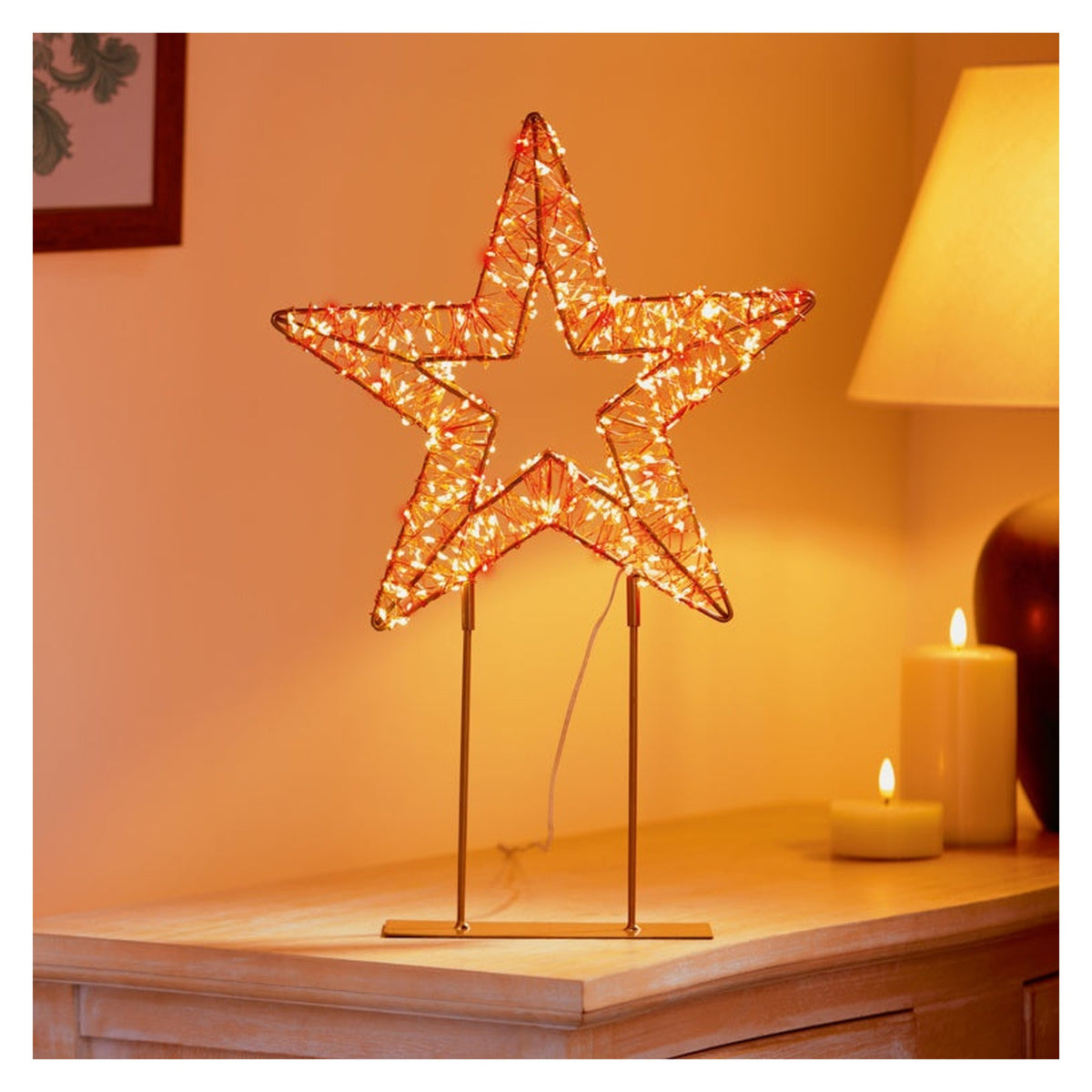 Twinkling Lit Gold Table Top Star - 45cm Red/ Warm White