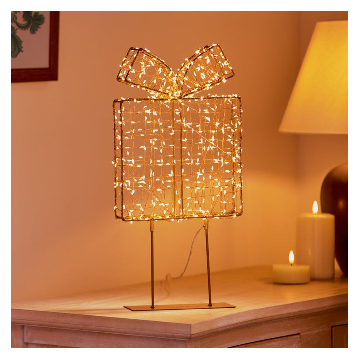 Twinkling Lit Rose Gold Table Top Parcel - 45cm