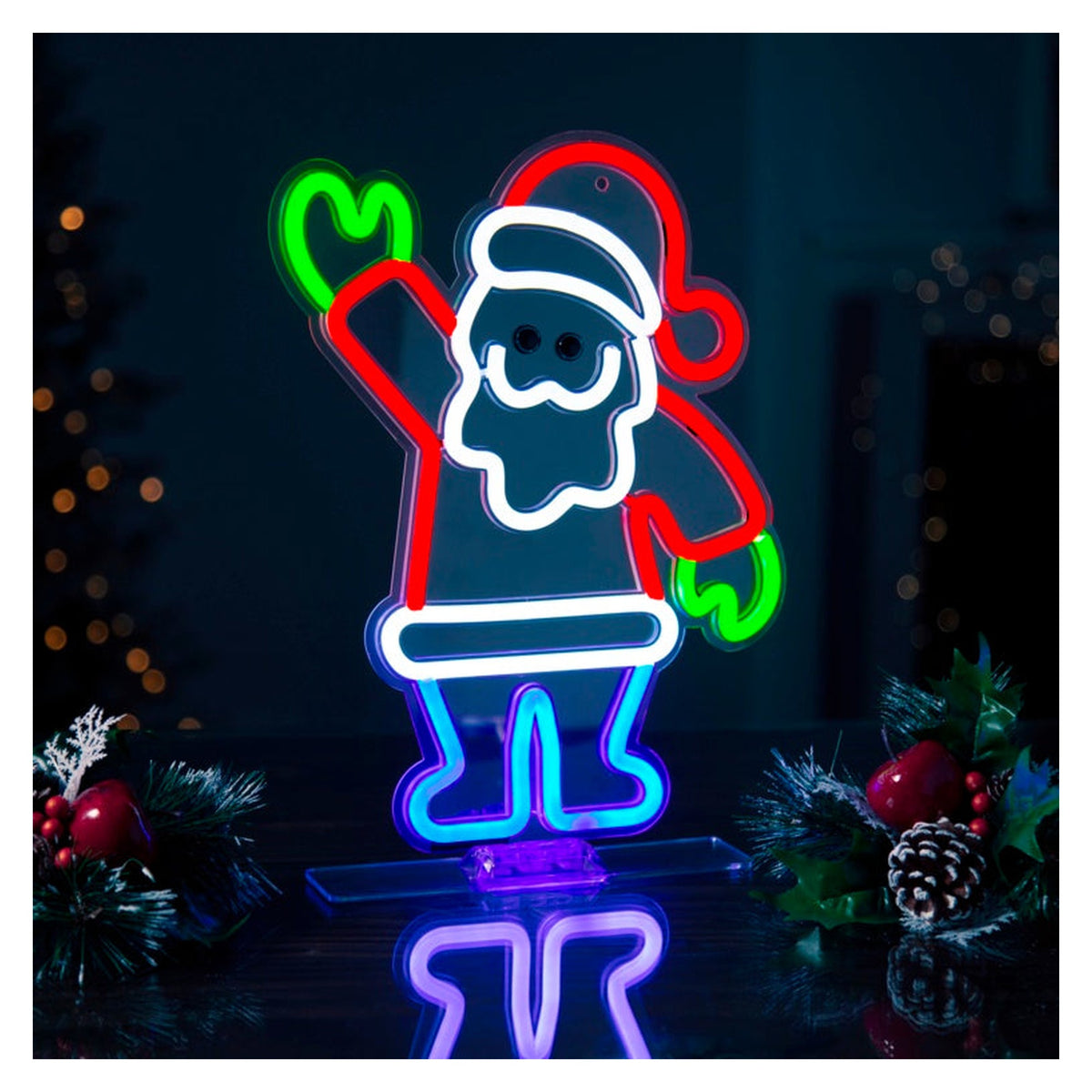 USB Lit Neon Hanging Waving Santa - 33cm