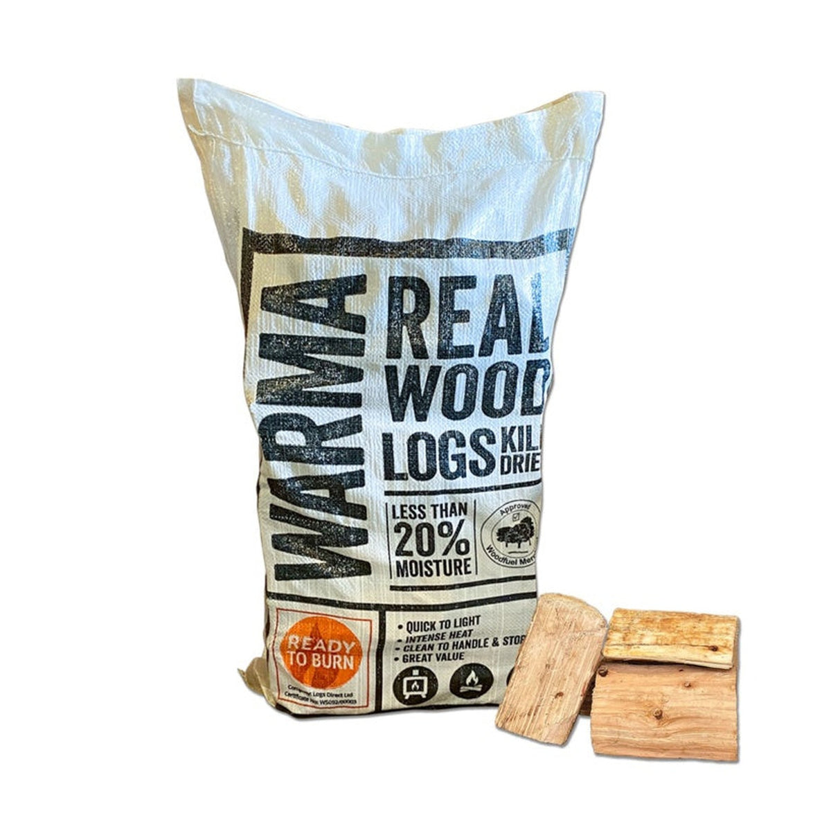 Bag of Warma kiln dried real wood logs, medium